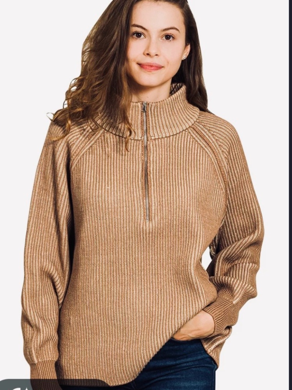New Zenana Outfitters Ribbed Half-Zip Pullover - Camel Sweater Cuffed Wrist S/M
